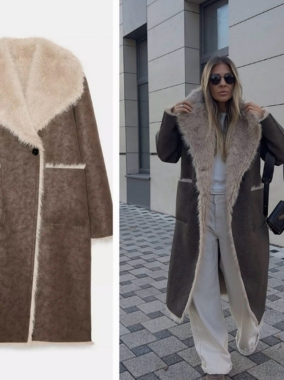Reversible Zara Taupe Long Trench Coat with Cream Shearling fur!